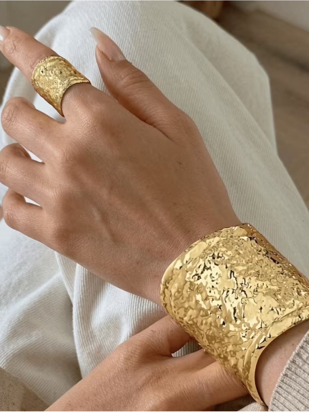 Elegant Gold Hammered Wide Cuff Bracelet and Ring Set Adjustable B04-20